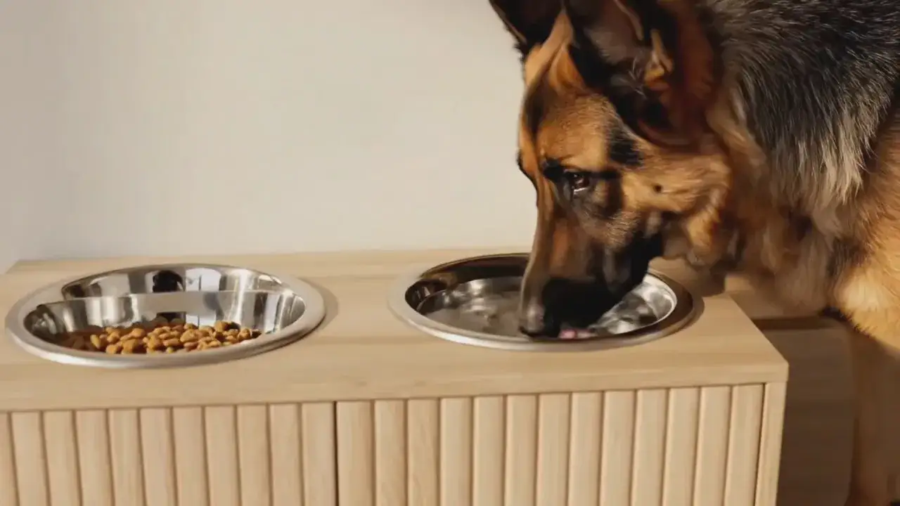 Schäferhundvalp på 8 veckor dricker vatten ur en skål. Bredvid finns en skål med mat.