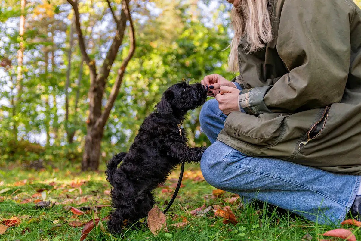 En person ger en svart hund en godbit utomhus. En fin stund som f&ouml;ljer djurskyddslagen hund.