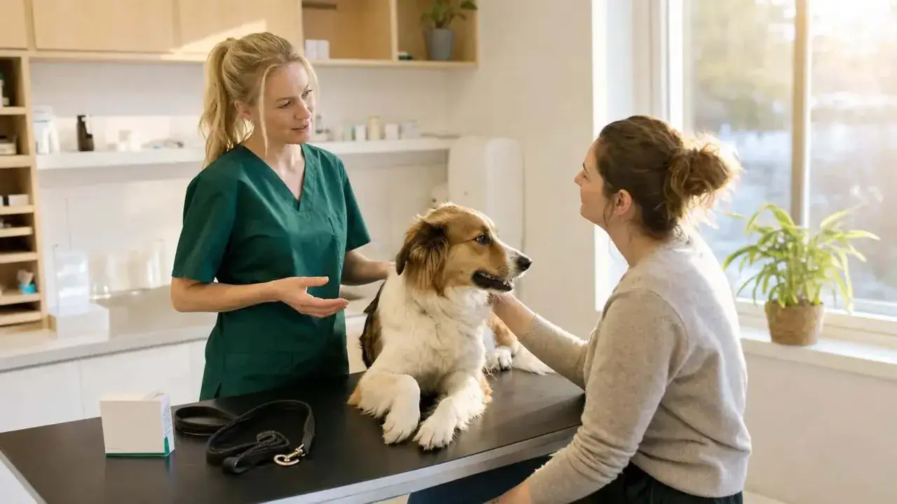 Veterinär diskuterar avmaskning hund med ägare. Hunden ligger på undersökningsbordet.