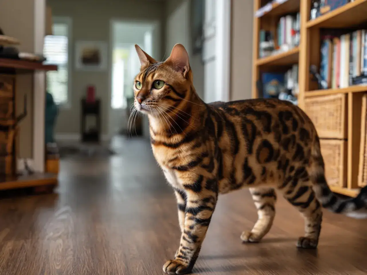 En st&aring;tlig katt bengal med fl&auml;ckigt m&ouml;nster st&aring;r p&aring; ett tr&auml;golv.