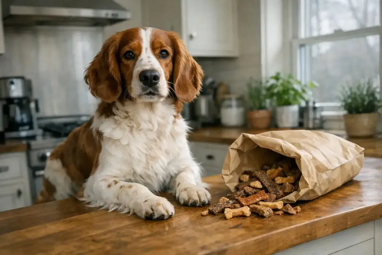 En s&ouml;t welsh springer ligger p&aring; k&ouml;ksb&auml;nken bredvid en p&aring;se med hundgodis.