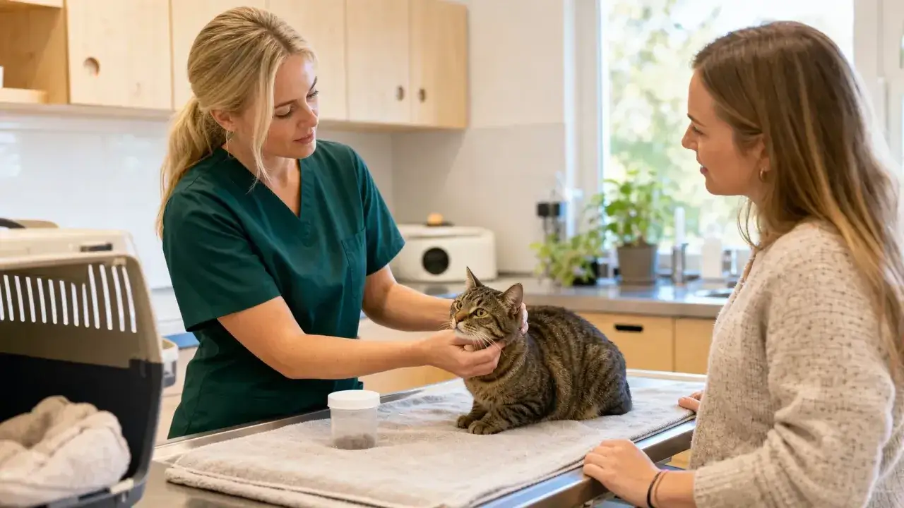 Veterin&auml;r unders&ouml;ker en katt som har problem med kattdiarr&eacute;. En &auml;gare st&aring;r bredvid.