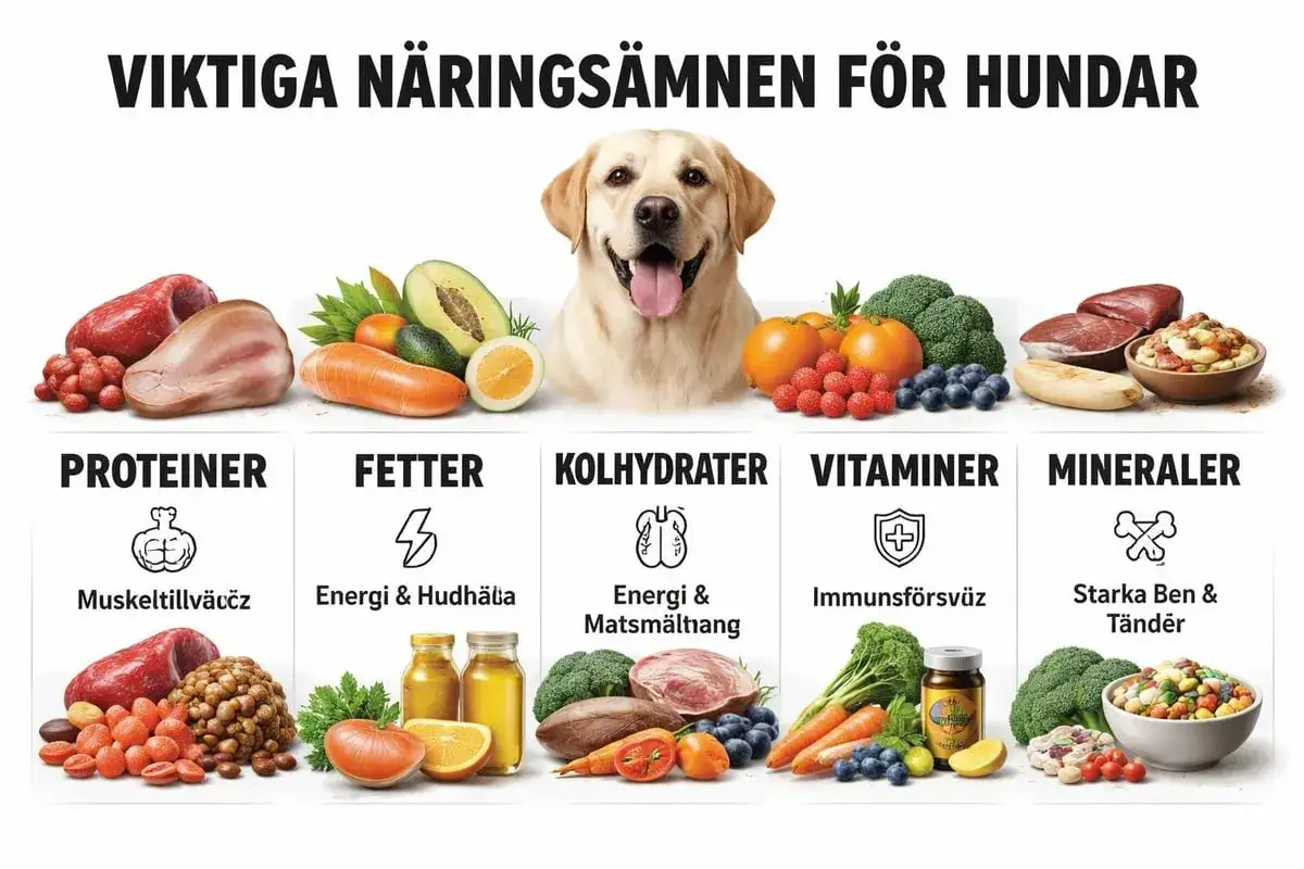 En glad labrador omgiven av mat som visar vikten av protein hund f&ouml;r muskler, fetter f&ouml;r energi, kolhydrater f&ouml;r matsm&auml;ltning, vitaminer f&ouml;r immunf&ouml;rsvar och mineraler f&ouml;r starka ben.