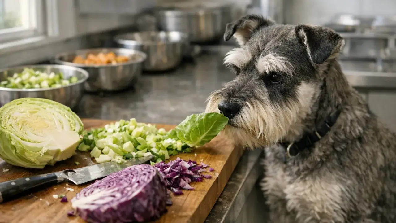 En hund nosar p&aring; ett vitk&aring;lsblad vid k&ouml;ksb&auml;nken. Bredvid ligger hackad vitk&aring;l och r&ouml;dk&aring;l.
