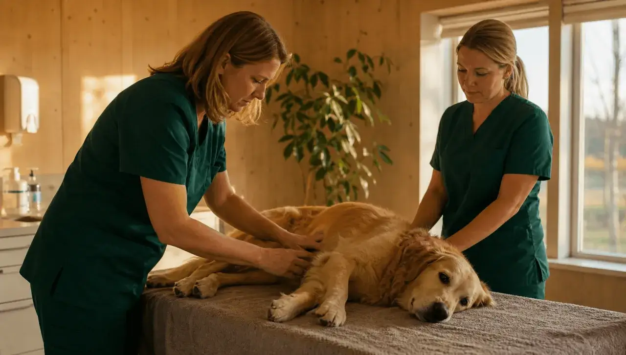 Två veterinärer undersöker en golden retriever som verkar ha ont i magen.