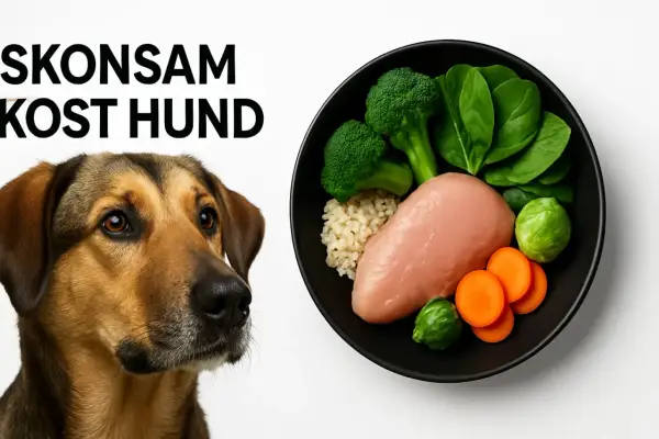 En hund tittar nyfiket på en skål med kyckling, ris, broccoli, spenat och morötter. En hälsosam måltid för din keso hund.