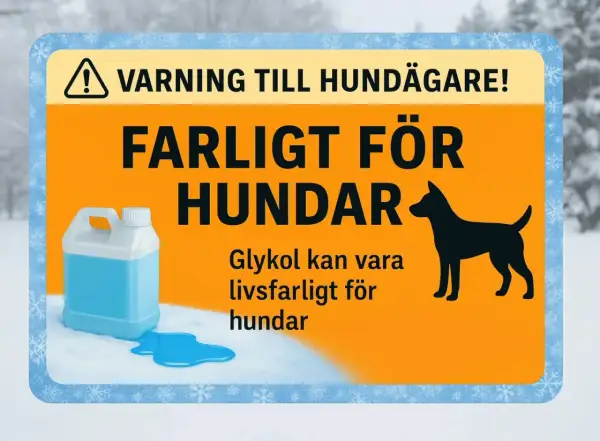 Varning till hundägare! Glykol är livsfarligt för hundar. Se till att ditt husdjur inte kommer i kontakt med det, då glykol motgift kan vara svårt att få tag på i tid.