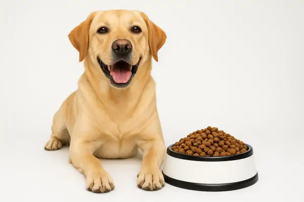 Glad labrador med skål full av hundmat. Tänk på hundmat protein per 100g för din fyrbenta vän.