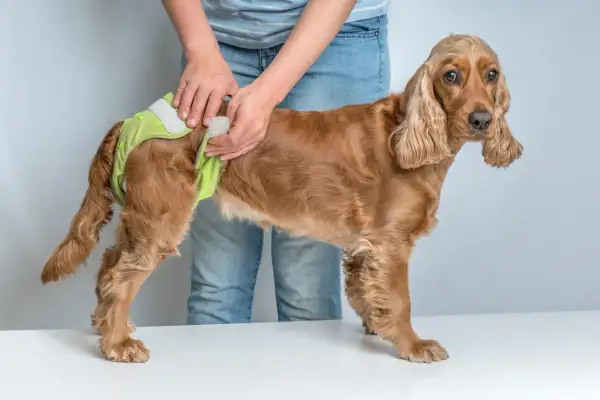 En person tar på en ljusgrön blöja på en brun hund. Hunden ser lite fundersam ut, som om den undrar varför den här hund åker på rumpan.