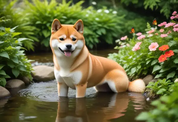 En glad shiba står i en bäck omgiven av grönska och blommor. Fjärilar fladdrar i bakgrunden. Inga problem här, bara ren glädje!