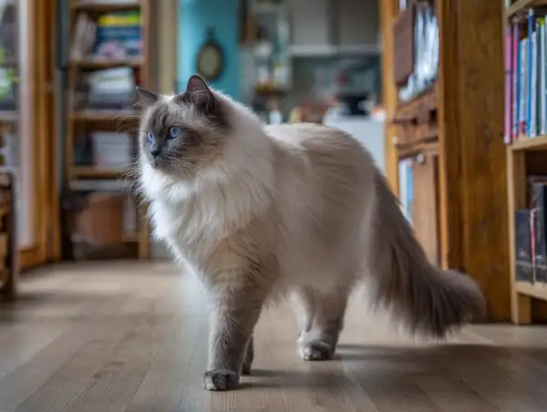 En vacker ragdoll vs birma katt med blå ögon står på ett trägolv.